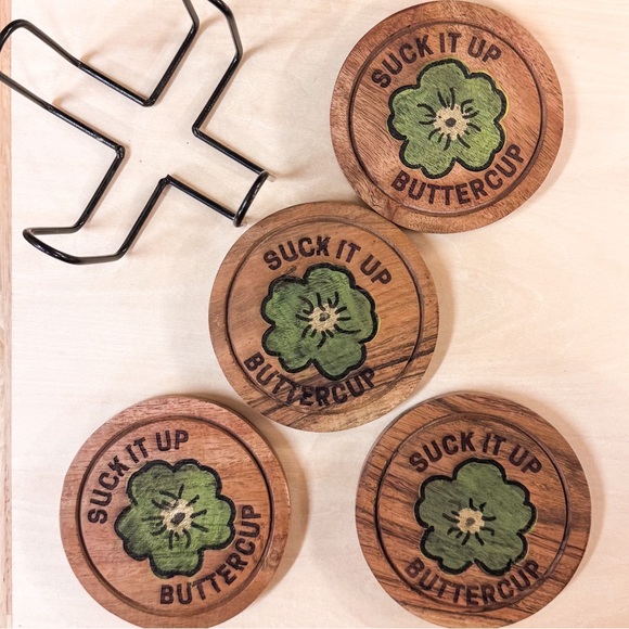 Wooden Coaster Set - "Suck It Up Buttercup" Engraved Design with Holder - Picture 5 of 5